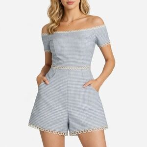Evelyn Blue White Textured Eyelet Trim Off Shoulder Romper JMD7652 Medium NWT